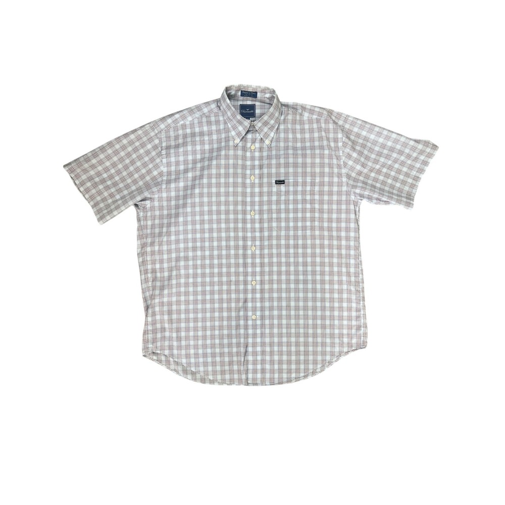 Faconnable Mens Large Blue Brown Plaid Short Sleeve Button Down Shirt Cotton USA